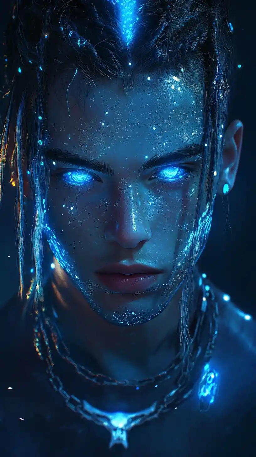 Futuristic Blue Skinned Man With Glowing Neon Eyes Portrait