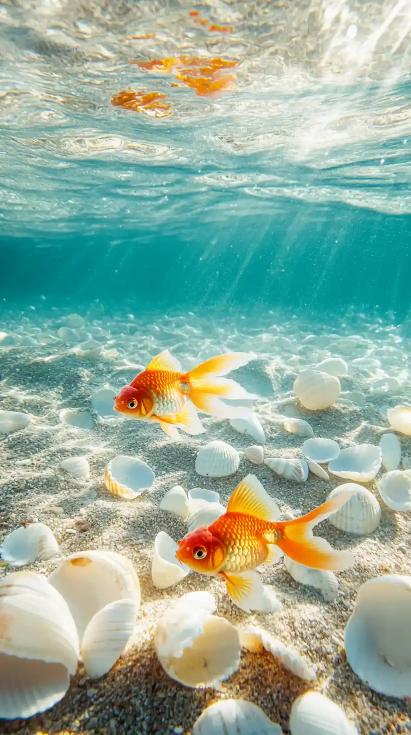 Poissons rouges joyeux nageant dans une eau limpide à la plage