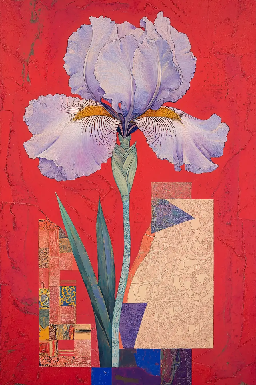 Dipinto Floreale Stilizzato di Iris su Sfondo Rosso Intenso