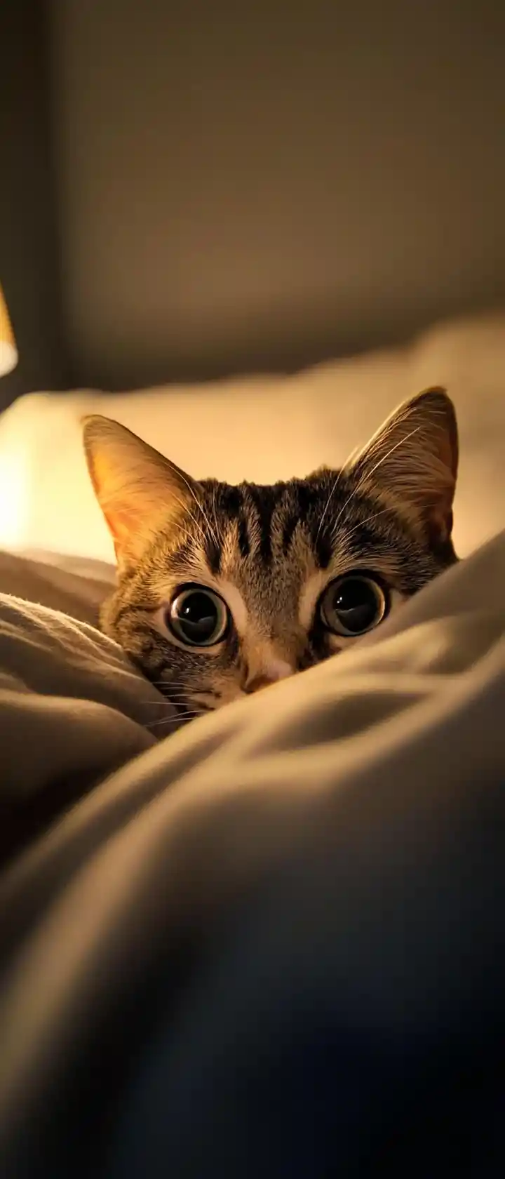 Curious cat peeking over bed from under cozy covers