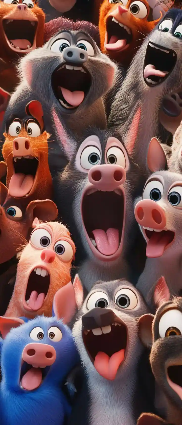 Cartoon animals pulling silly faces at the camera