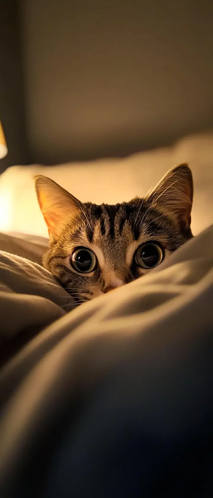 Chat curieux qui regarde par-dessus le lit depuis sous des couvertures douillettes