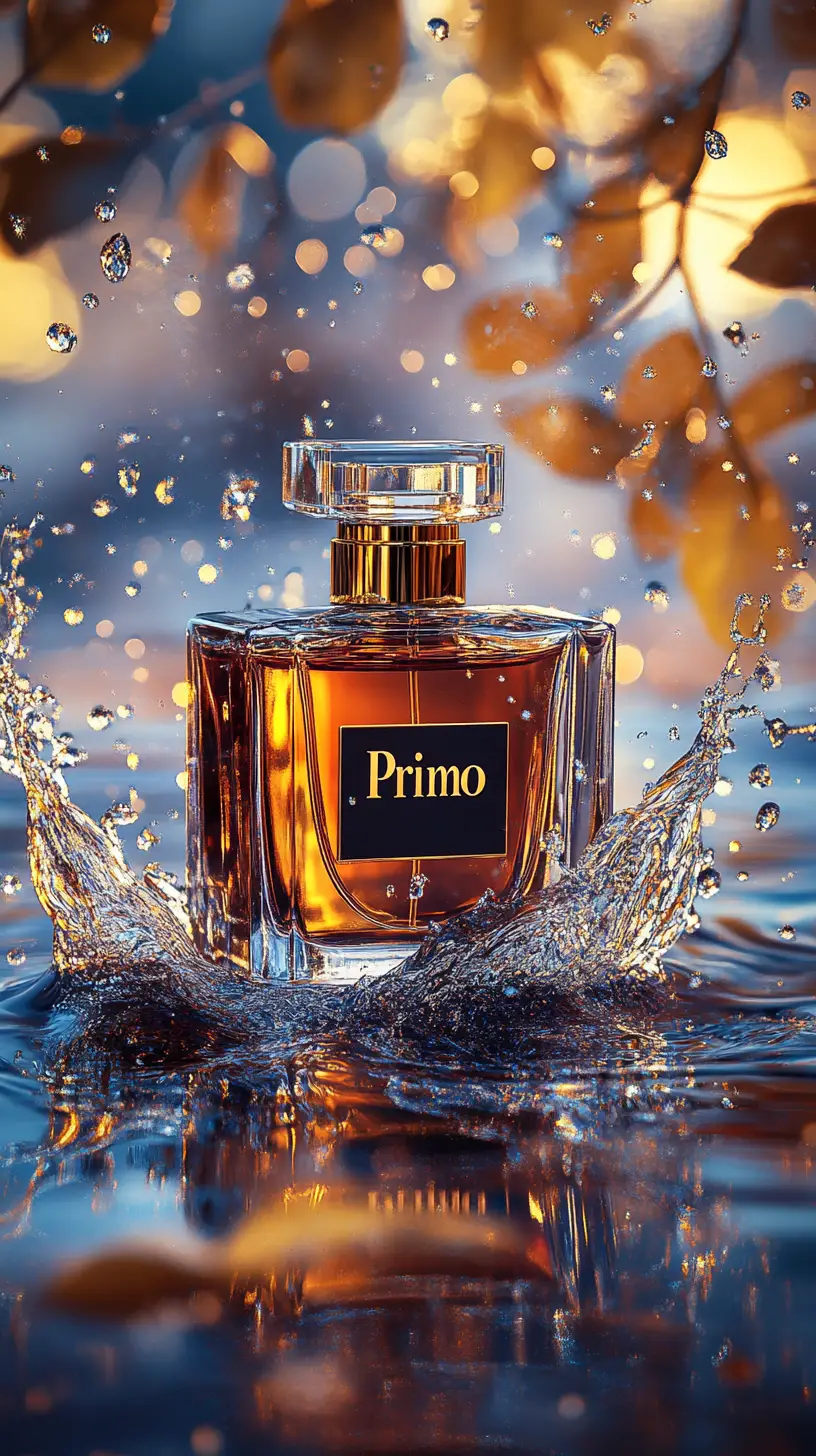 Flacone di profumo ambrato su acqua spruzzata con foglie dorate