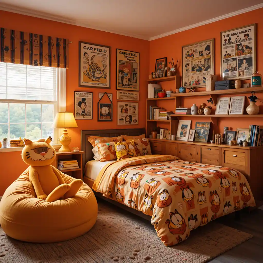 Playful orange bedroom filled with vintage comic cat decor