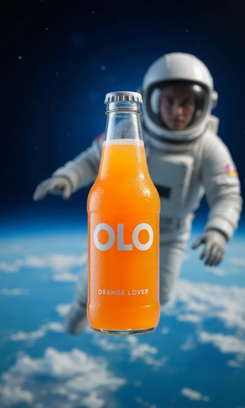 Orangensaftflasche, die schwerelos im Weltraum schwebt