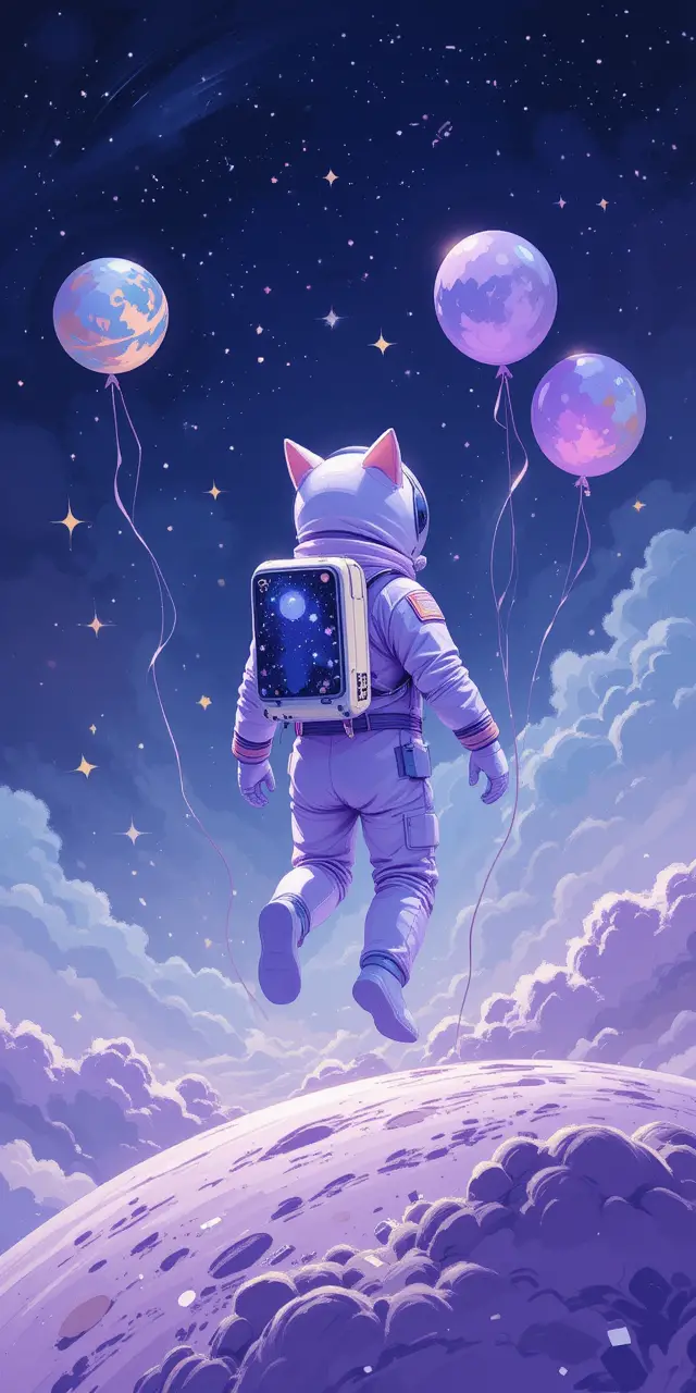 Gatto astronauta fiabesco che fluttua sopra un pianeta pastello