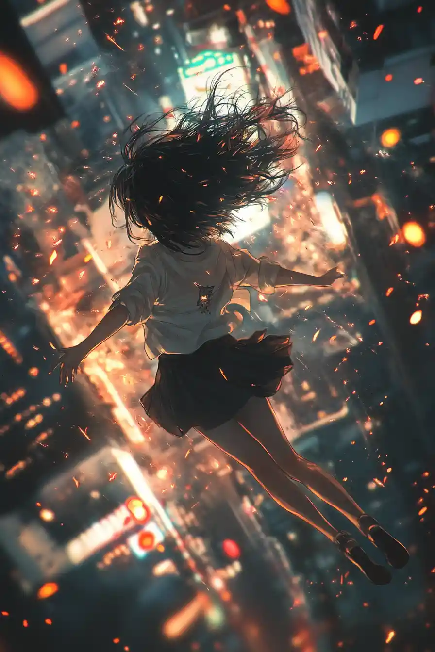 Chica de anime levitando en una ciudad congelada de ascuas