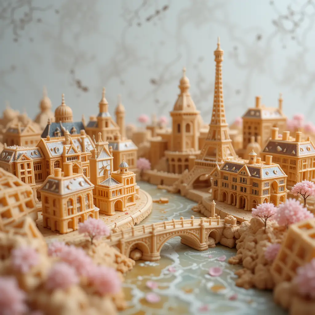 Ville Parisienne en Gaufre avec Rivière de Sirop dans une Scène Fantaisiste