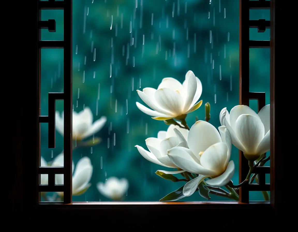 雨洗過的玉蘭花綻放在傳統木窗之外