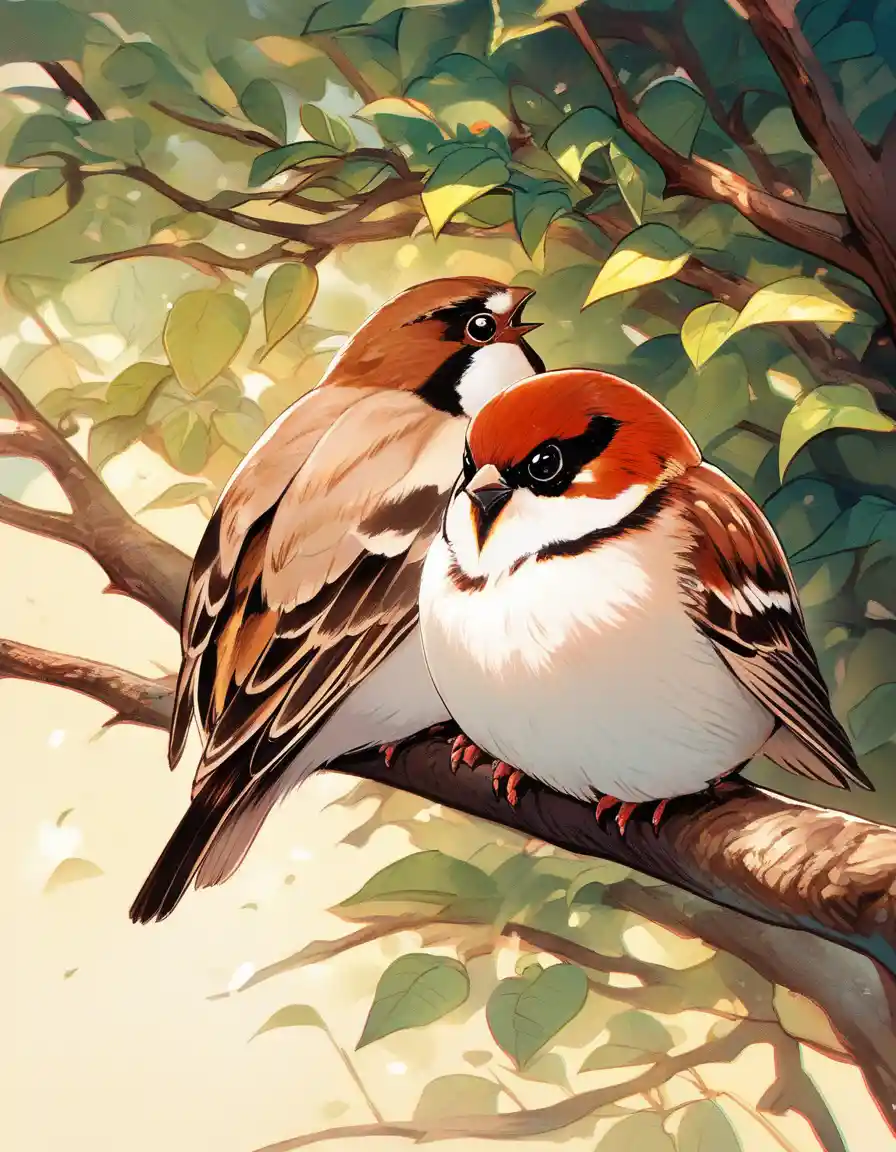 Close up artistic illustration of a sparrow on branch
