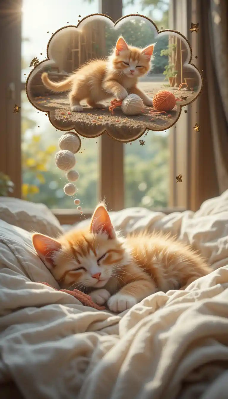 Orange kitten sleeping peacefully on a cozy bed