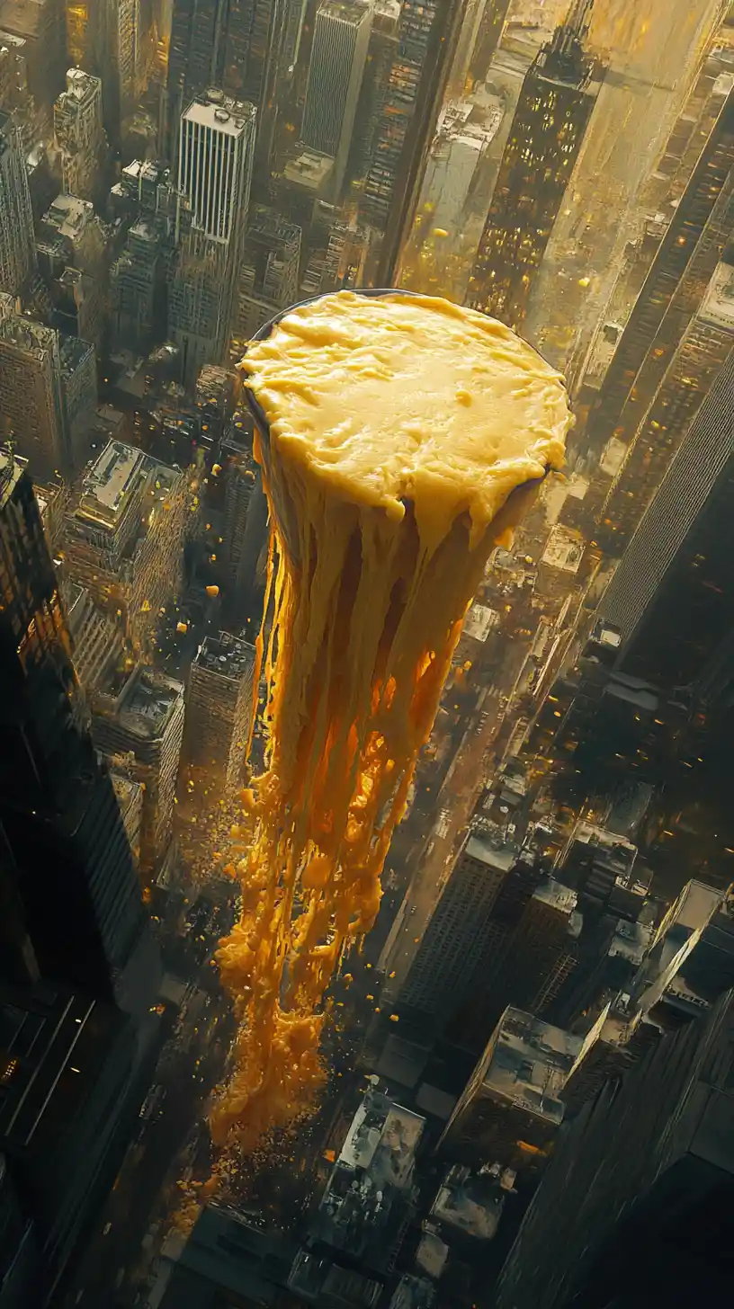 Giant cheddar cheese waterfall spilling over realistic city skyscrapers