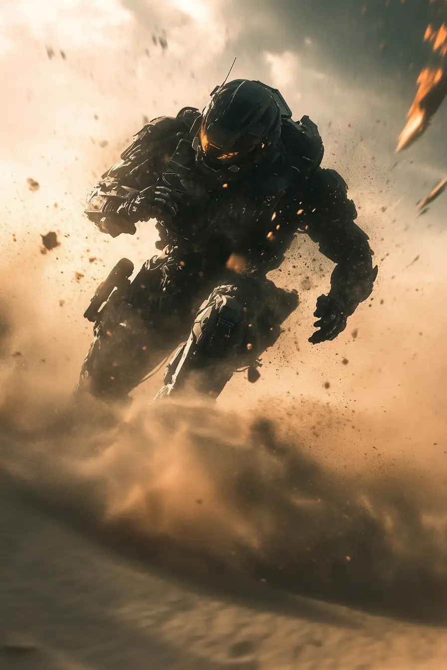 Gepanzerter Mecha-Soldat landet in einem dramatischen Wüstengefecht