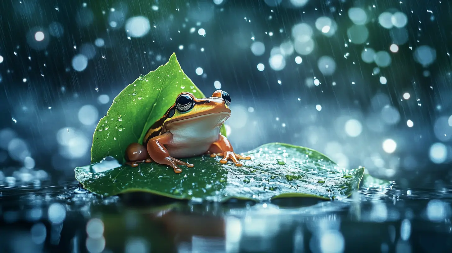 雨夜場景：樹葉下避雨的青蛙