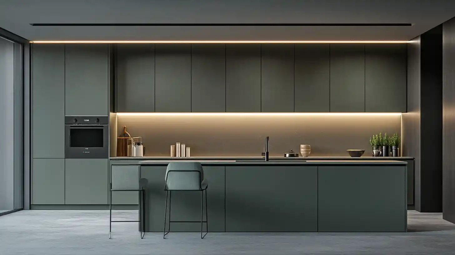 Minimal sage green and grey contemporary kitchen interior