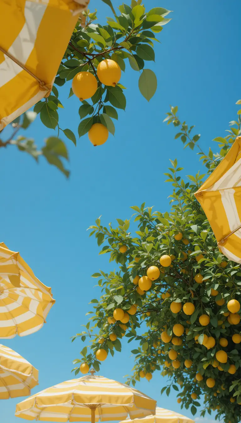 Lemon tree branches and umbrellas against clear summer sky