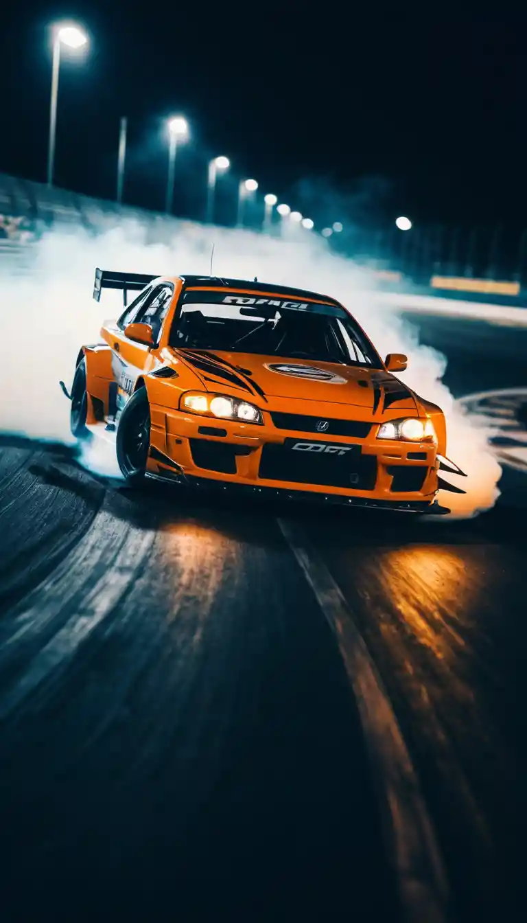 Drift racing car at night on glowing race track