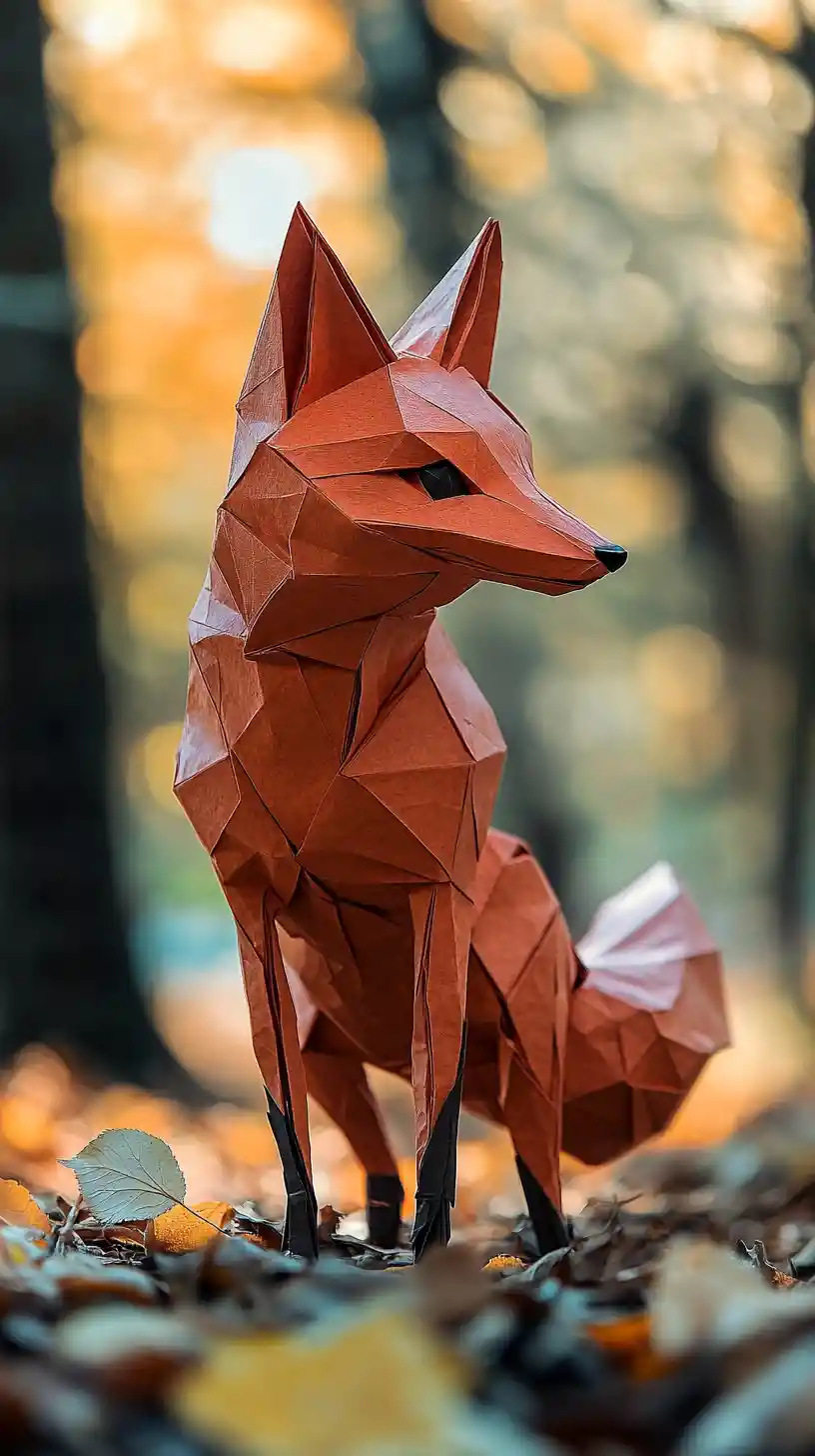 Origami red fox sculpture on warm forest floor