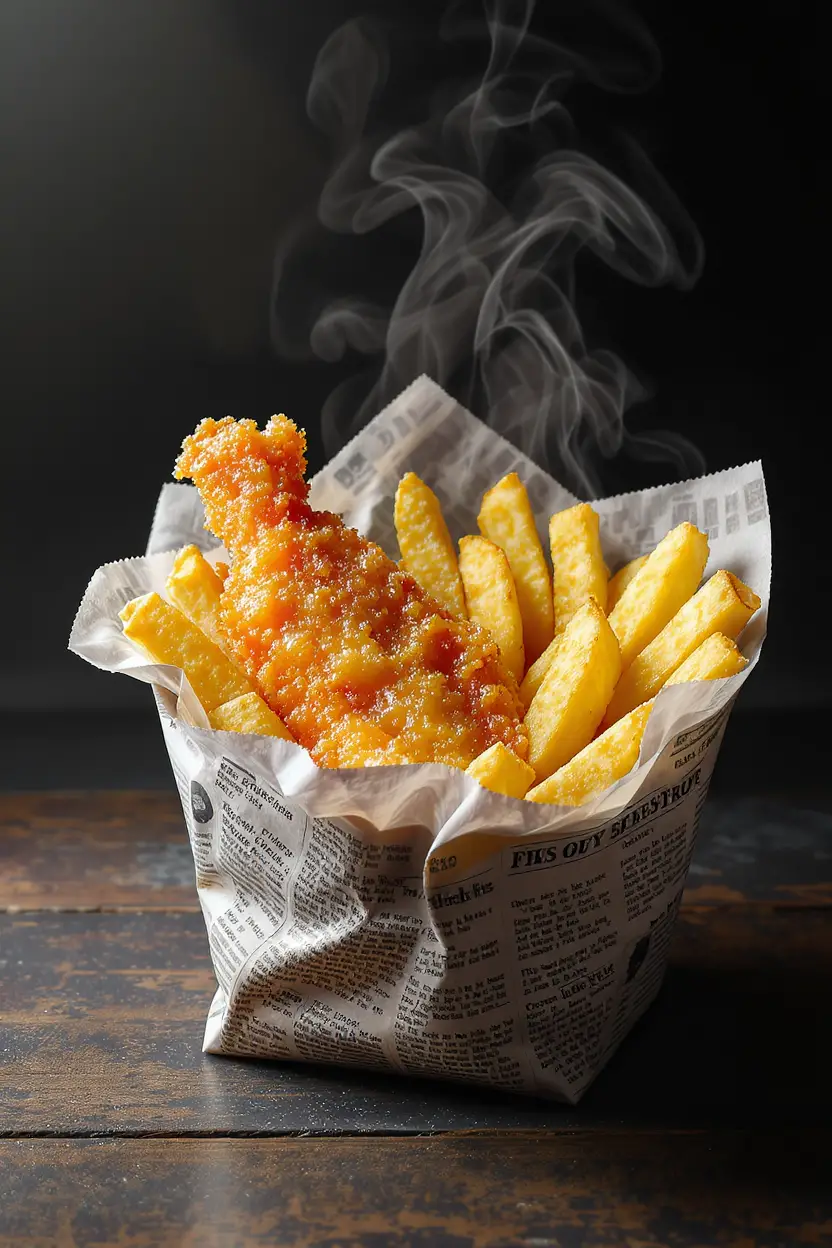 Dampfende Fish and Chips in Zeitungspapier gewickelt