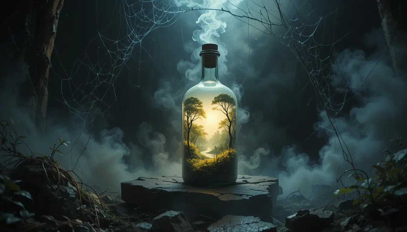 Dunkle Fantasy-Flasche mit einer leuchtenden, smaragdgrünen Welt