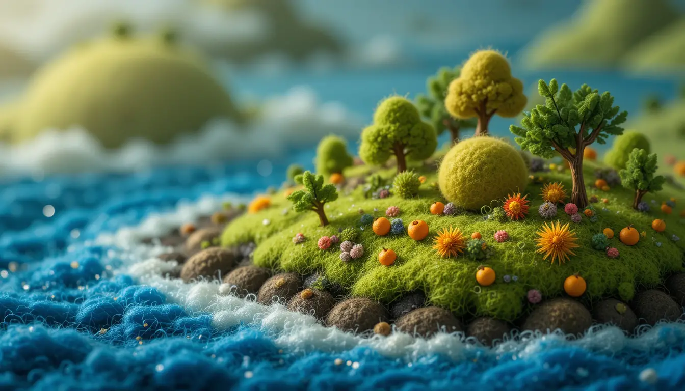 Primo piano di colline di feltro e mare con minuscoli alberi e frutti
