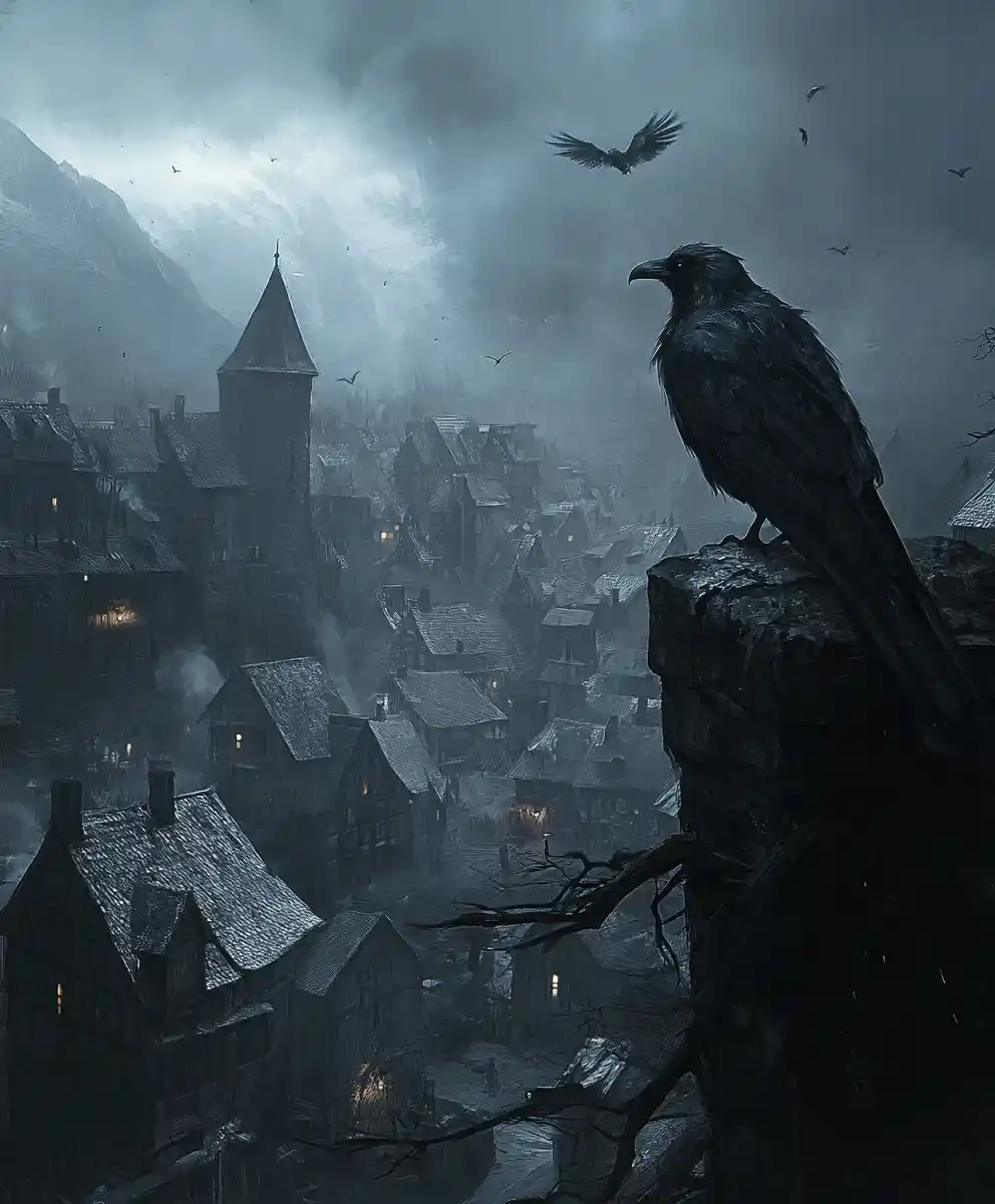 Dark fantasy illustration of a mystical town of eisenach