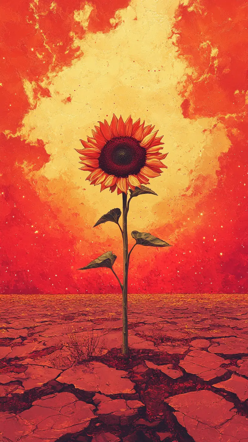 Girasole gigante in paesaggio fantasy con cielo rosso surreale