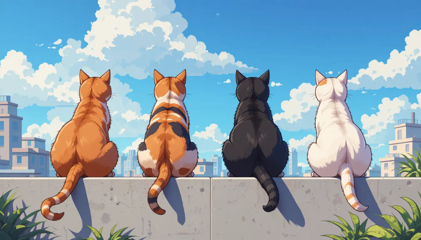 Vier Katzen auf einem sonnigen städtischen Dach