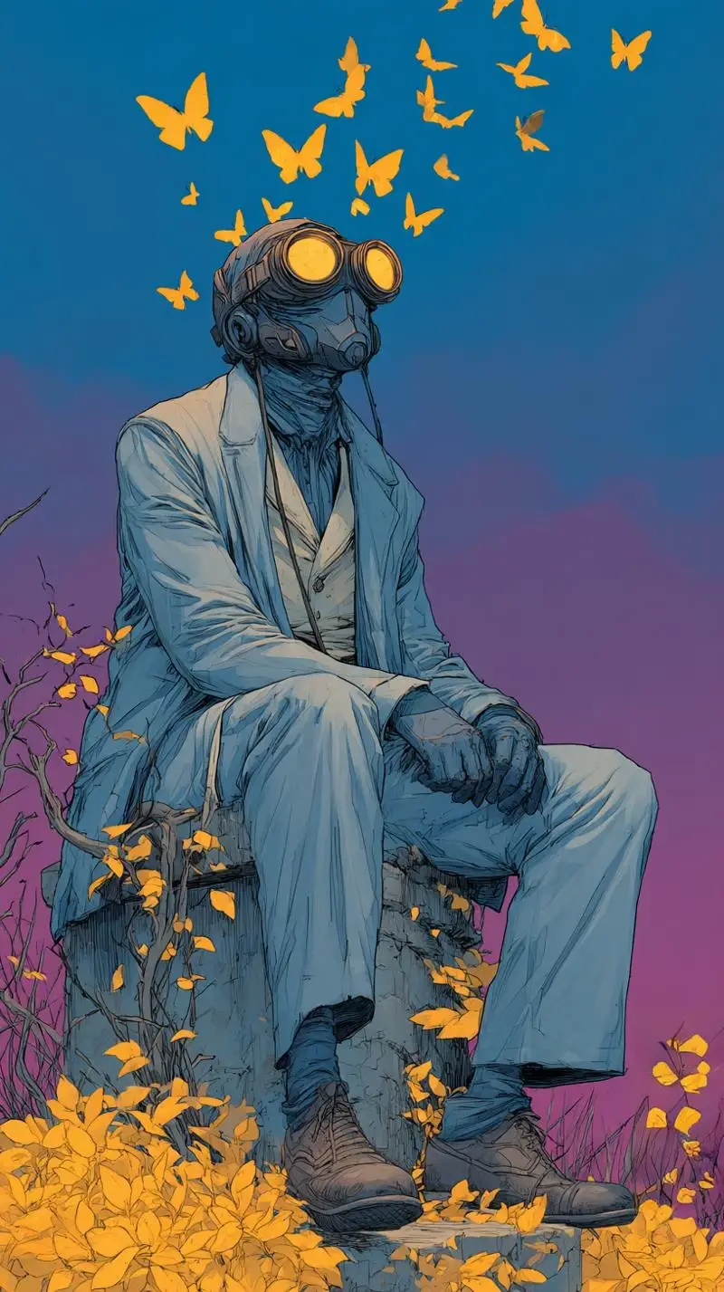 Surreal woman in suit with gas mask among autumn leaves