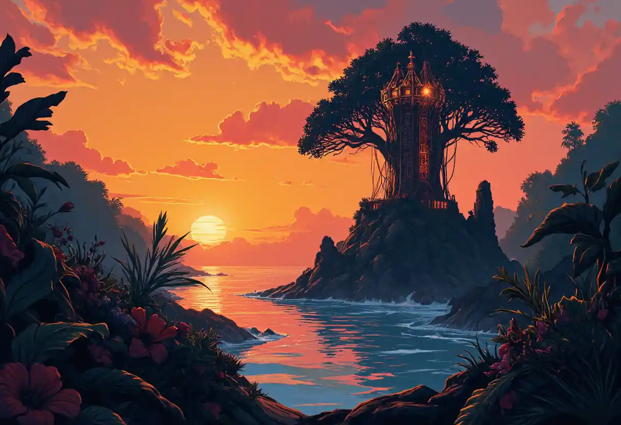 Bioluminescent Tree Lighthouse In Lush Fantasy Jungle