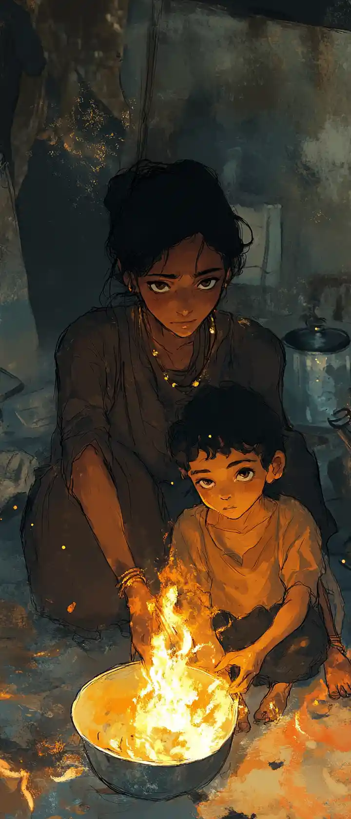 Madre e figlio accanto al fuoco in una scena di campo profughi in stile anime
