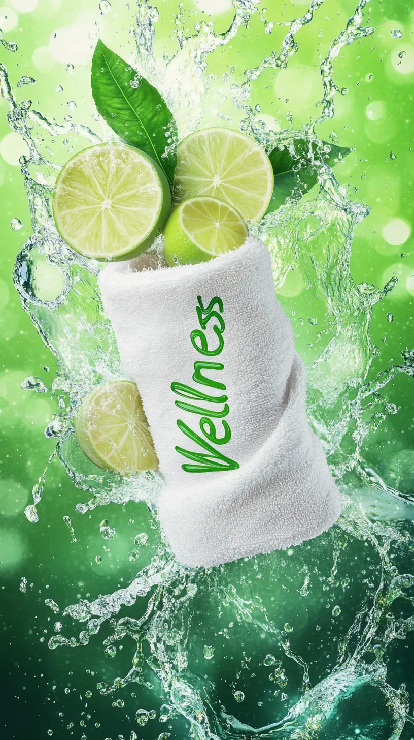 Serviette blanche flottante avec éclaboussures d’eau et rondelles de citron vert
