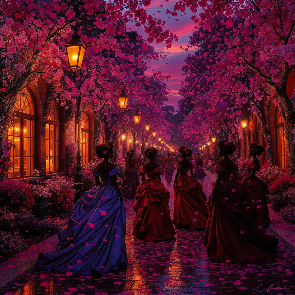 Black women in victorian dresses under glowing street lamps
