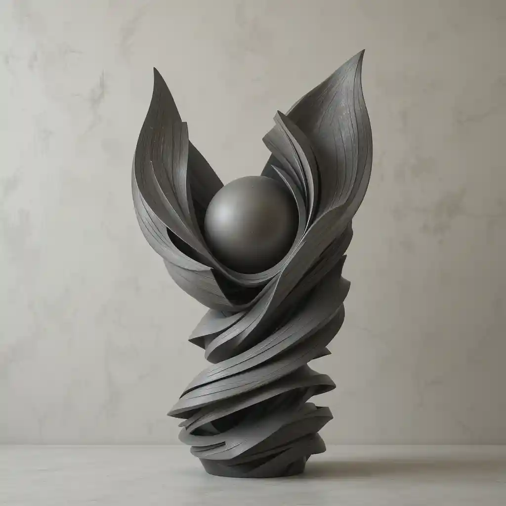 Abstract layered sculpture with central sphere and wings