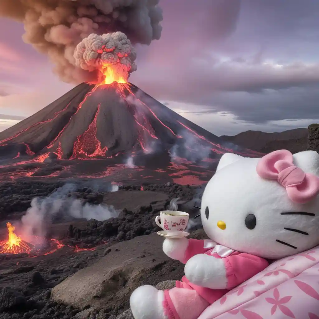 Plush white cat toy sipping tea by erupting volcano