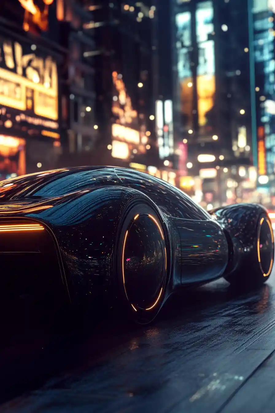 Cinematic car gliding through glowing midnight city streets
