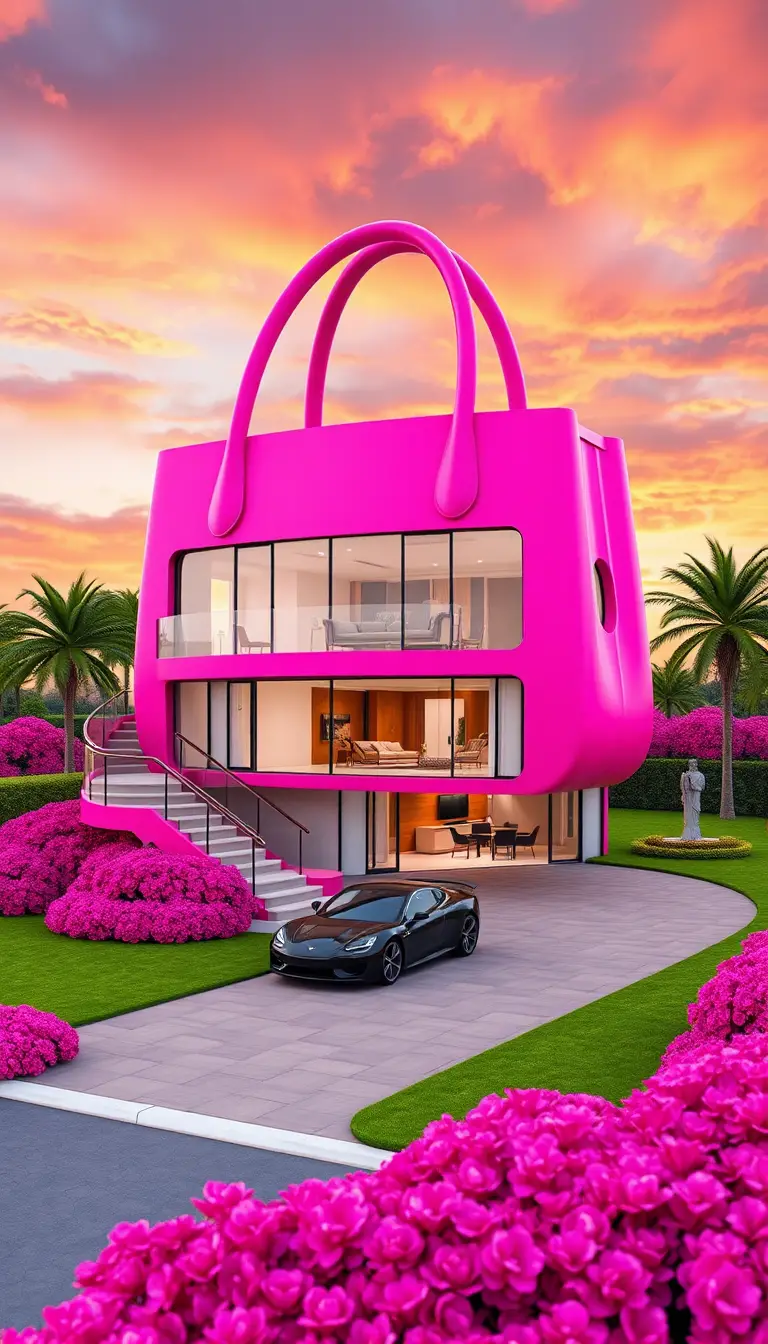 Verspieltes rosa Handtaschen-Haus in Landschaft bei Sonnenuntergang