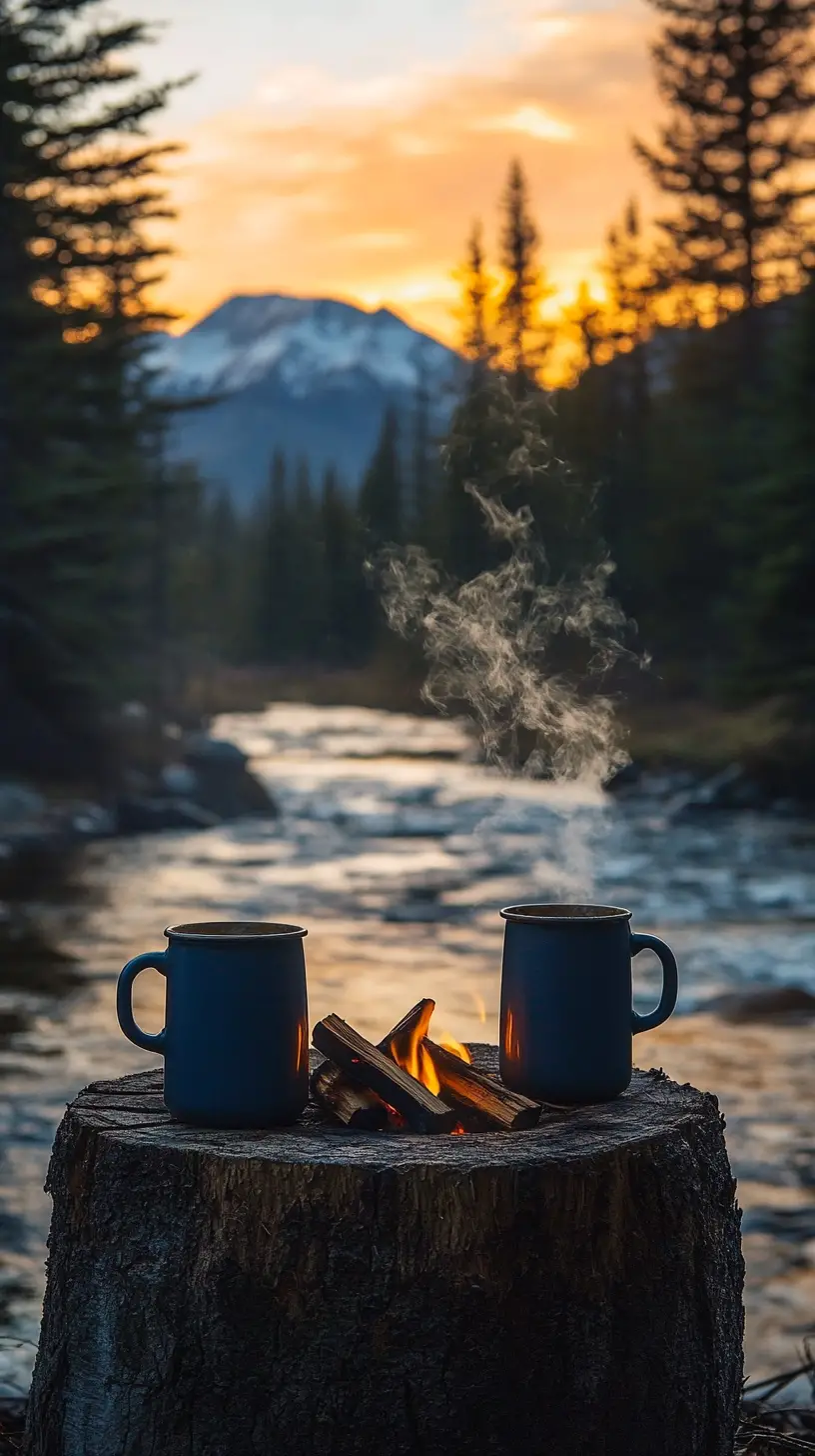 Acogedor té junto a la fogata a orillas del río al atardecer