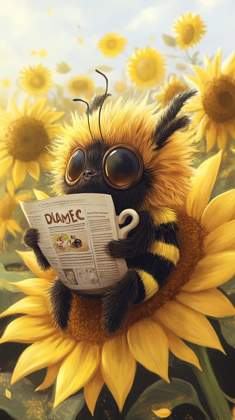 Grumpy cartoon bee reading on a sunflower with coffee