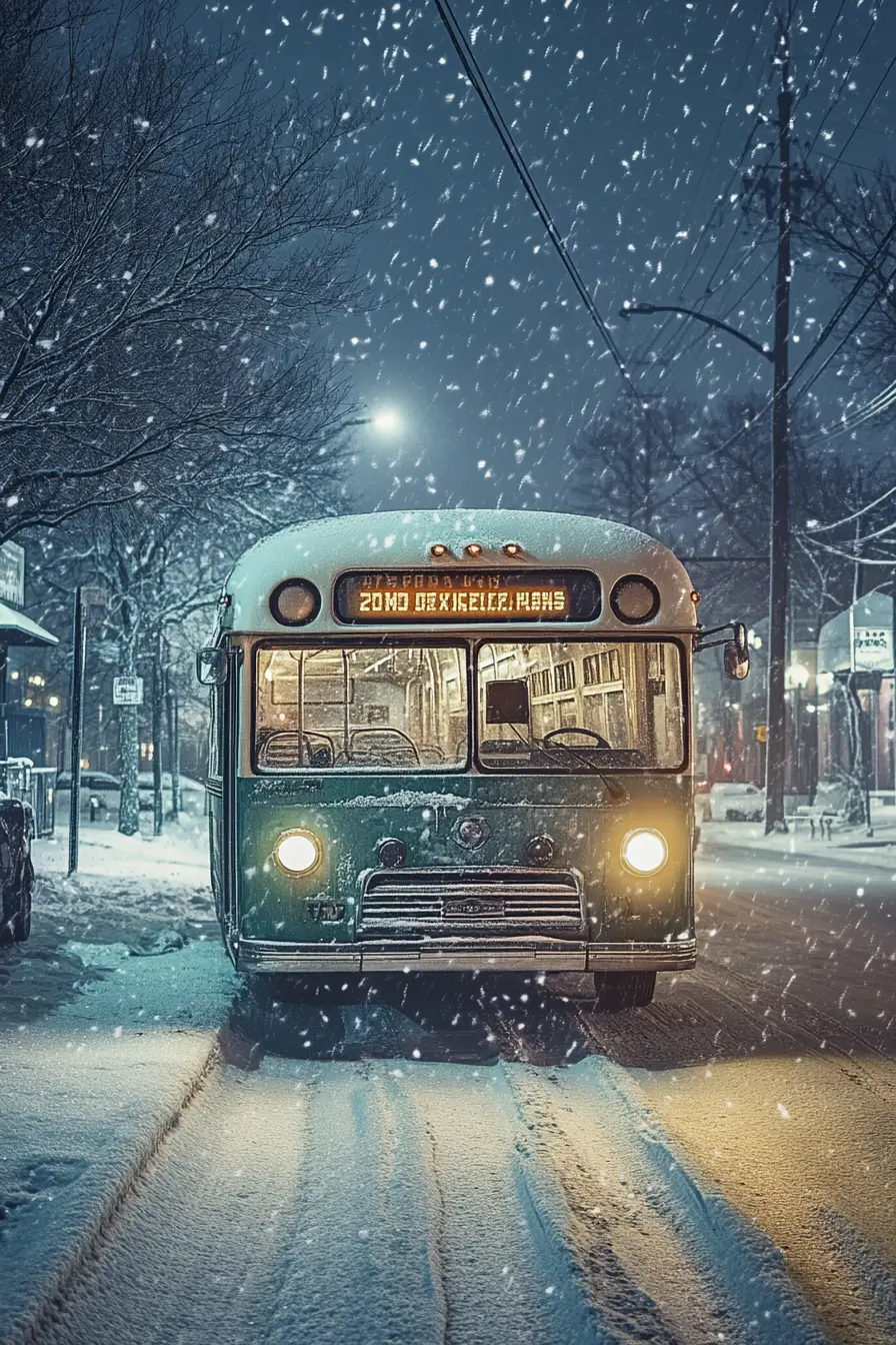 Bus vintage dans une rue enneigée et calme la nuit