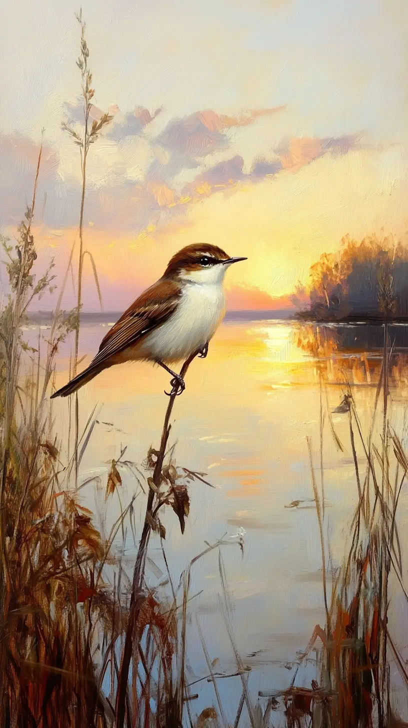 Petit oiseau sur une branche au bord du lac au coucher de soleil doré