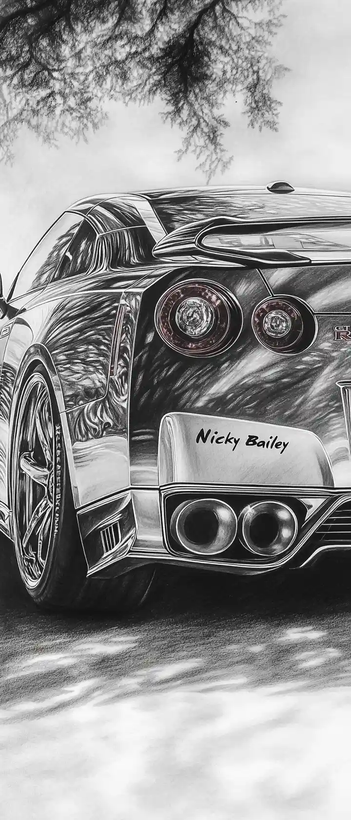 Detailed pencil sketch of a realistic Nissan sports car