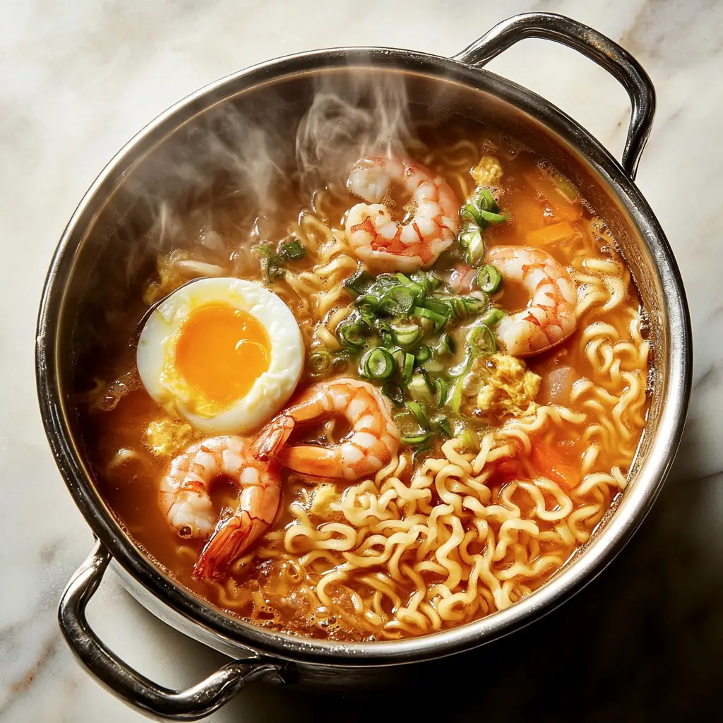 Dampfende Nudelsuppe im Metalltopf mit Ei und Garnelen