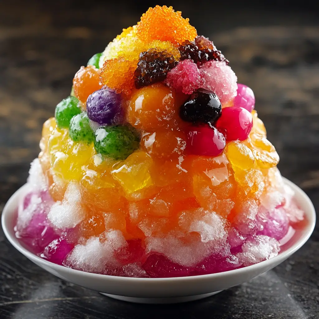 Colorful shaved ice dessert with taro balls and jellies
