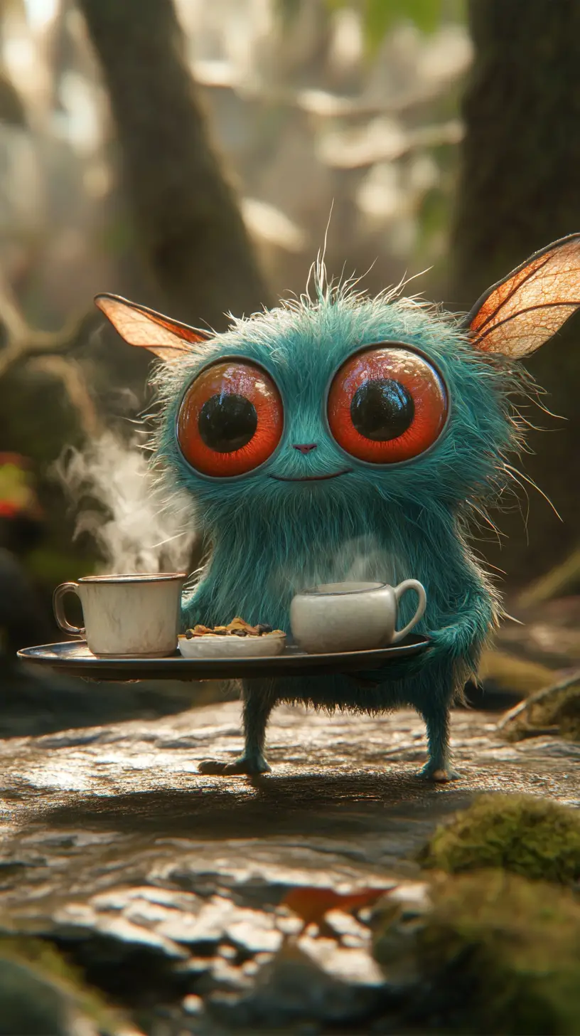 Süßes Monster im Pixar-Stil serviert dampfende Heißgetränke