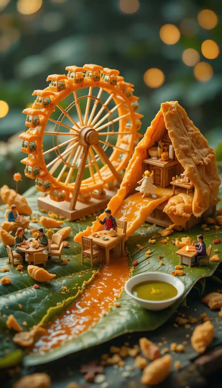 Miniature Ferris Wheel Food Wonderland On Dewy Green Leaf