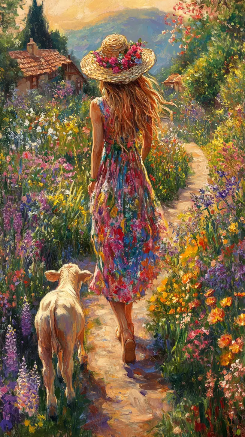 Young woman walking with calf through blooming garden path