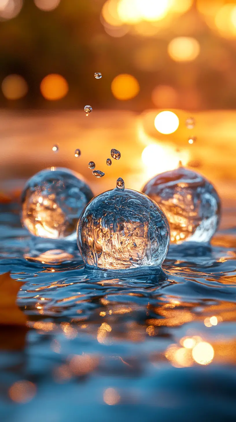 Three ice spheres splashing on reflective water at sunset