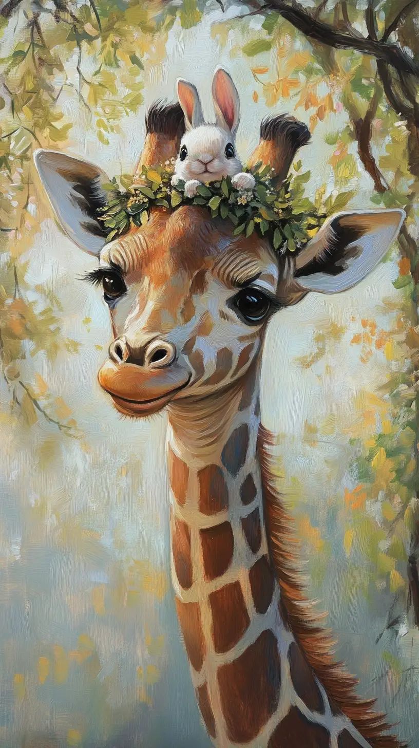 Dipinto a olio fantasioso in primo piano di una giraffa e un coniglio