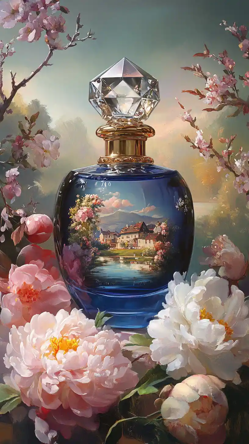 Still life painting of blue perfume bottle with flowers